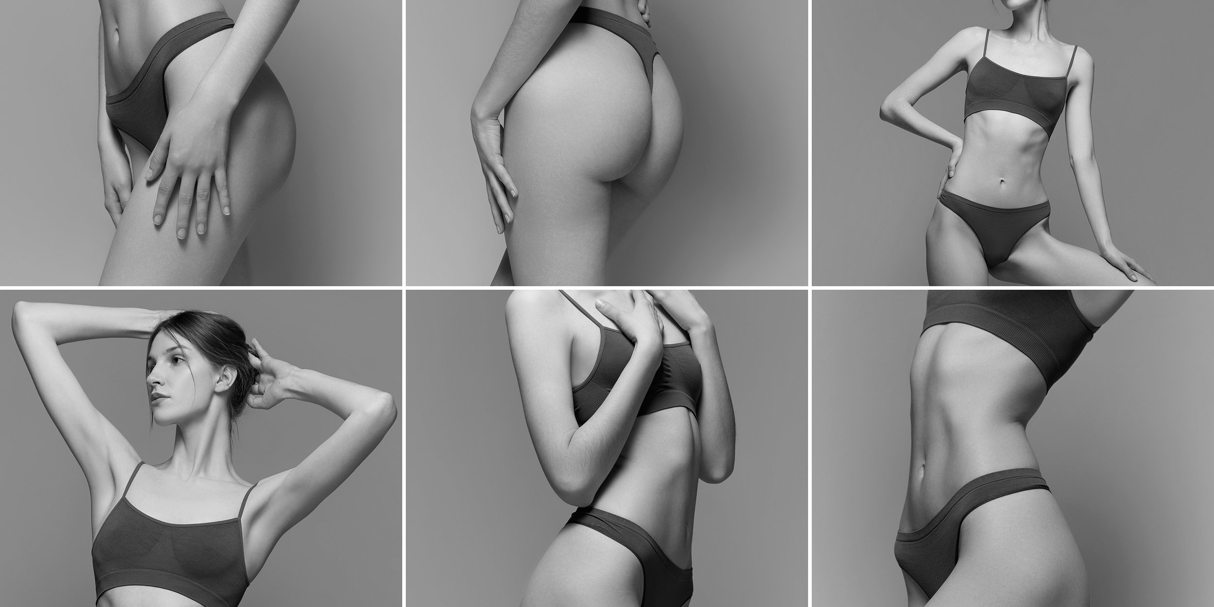 Collage of black and white photos of a woman wearing a bra and underwear, posing in various angles, with close-ups of her silhouette and body, on a plain background.