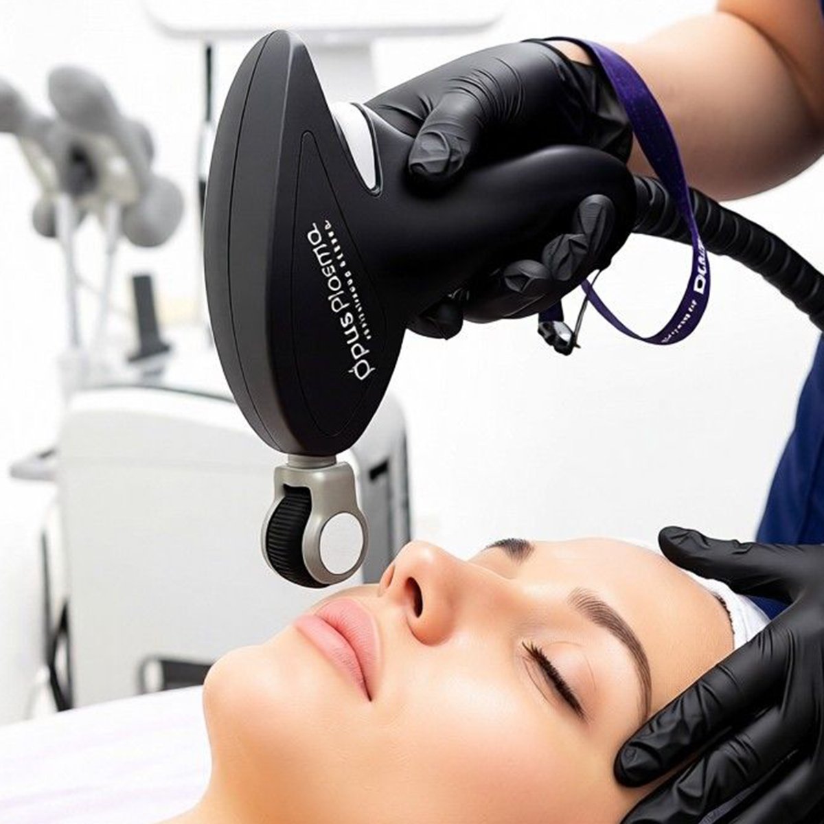 A woman receiving a cosmetic treatment with a device labeled 'dplus Plasma' in a clinical setting.