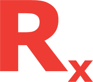 Red letter R with black outline and smaller red letter x