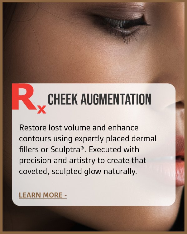 Close-up of a woman's face focusing on her cheek and eye, with overlaid text about cheek augmentation techniques and benefits.