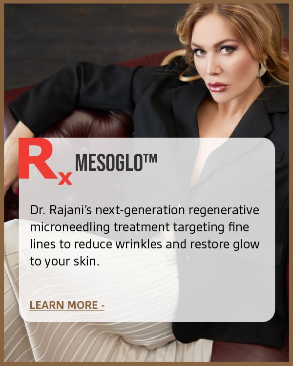 A woman with blonde hair and a black blazer sitting on a leather couch looking at the camera, with text overlay about a skincare treatment called MESOGL0 targeting wrinkles and fine lines.