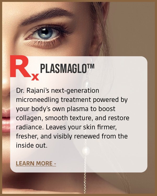 Close-up of a woman's face with prominent blue eye, promotional text about a microneedling treatment called Plasmaglo, highlighting collagen boost and skin renewal, with a "Learn More" link.