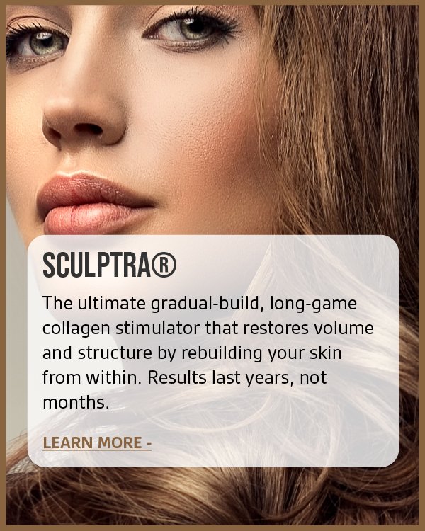 Close-up of a woman's face with fair skin, blue eyes, and long brown hair, along with a text overlay promoting SCRUPTRA collagen stimulator for skin restoration.