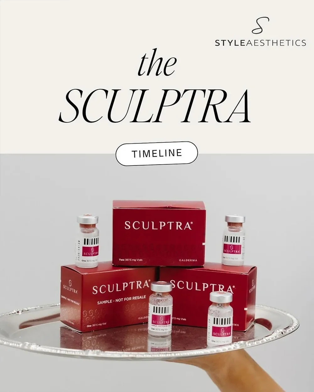 Display of Sculptra skincare product vials and boxes on a silver tray against a white and light gray background, with text referencing a timeline related to the product.