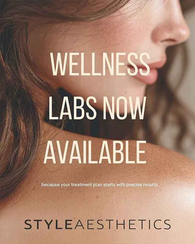 Close-up of a woman with long brown hair and smooth skin, with overlay text advertising wellness labs and style aesthetics.